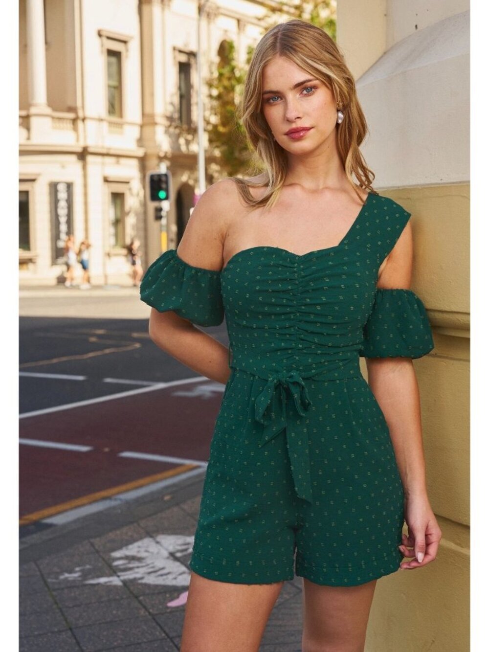 NWT Cupshe One-Shoulder Green Romper With Puff Sleeves & Tie Waist - Size: Small